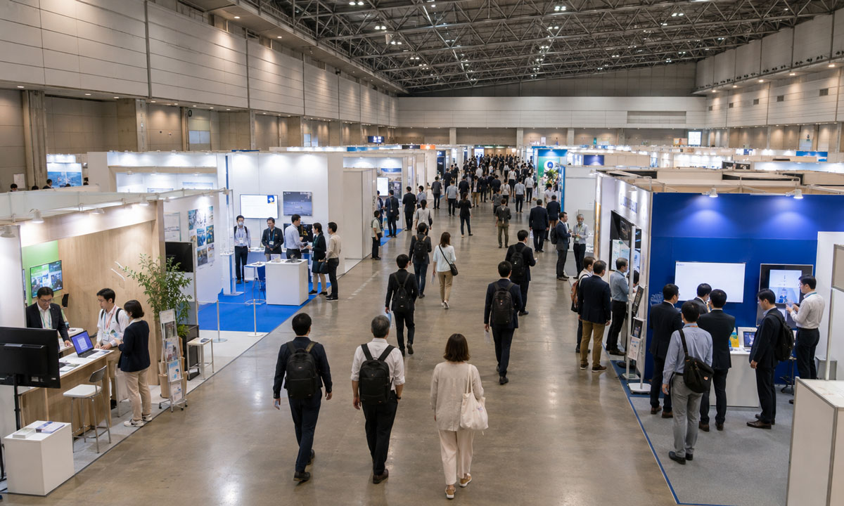 展示ブースが並び、来場者が行き交う大型展示会場