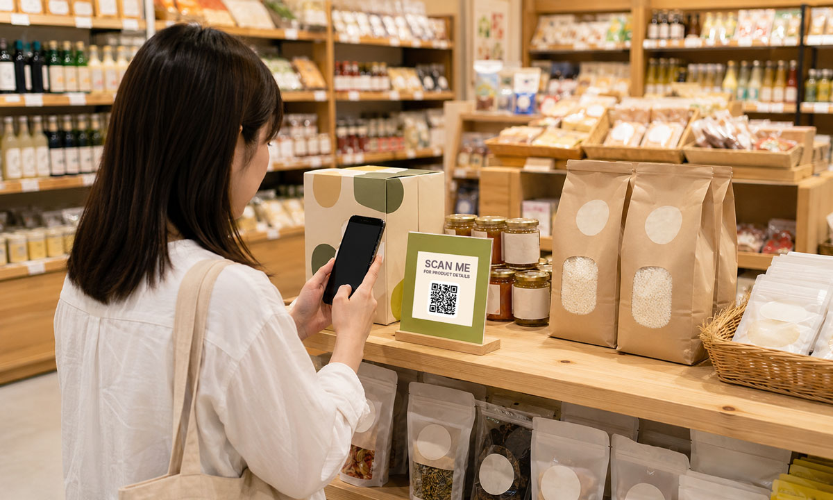 店頭の商品POPにあるQRコードをスマートフォンで読み取る買い物客
