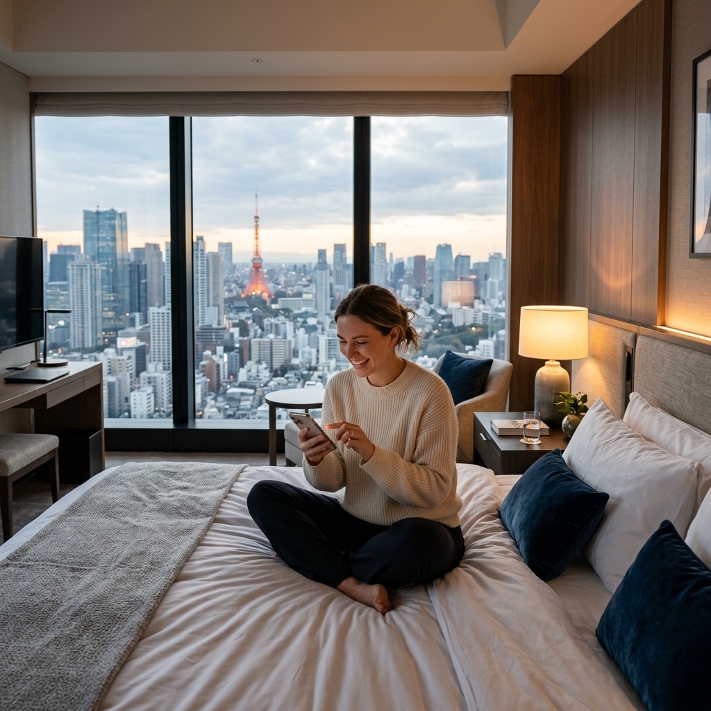 客室でのスマートフォン利用シーン（都内ホテル20階の眺望）